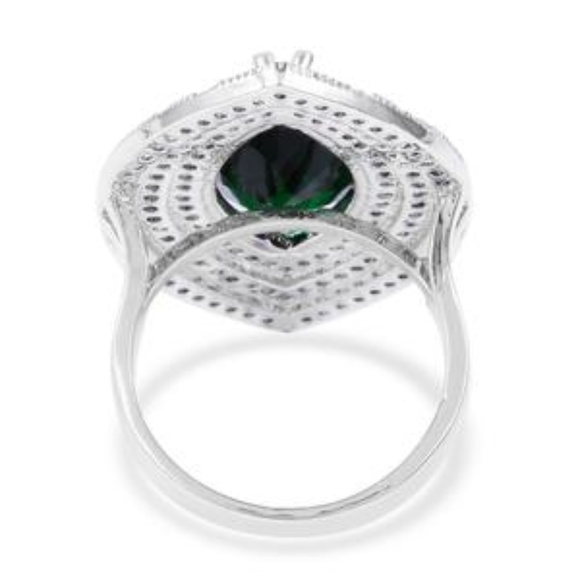 Simulated Emerald, White CZ Silvertone Ring - Picture 2 of 4